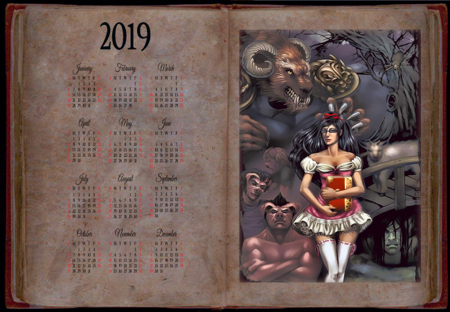 Обои картинки фото календари, фэнтези, девушка, существо, рога