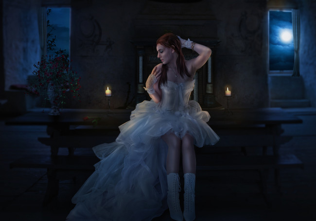 Обои картинки фото фэнтези, девушки, свеча, невеста, платье, фон, девушка