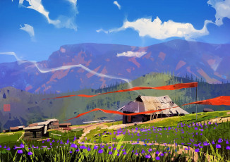 Картинка рисованное природа дома флаги горы тропа луга