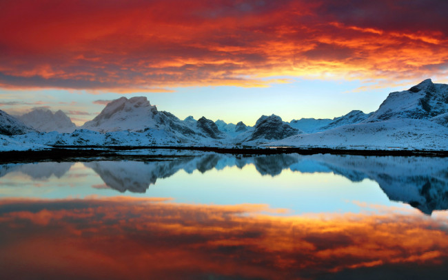 Обои картинки фото природа, реки, озера, закат, горы, снег, озеро, отражение