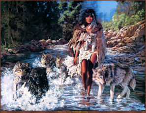Картинка penni anne cross wolf people crossing рисованные река арт волки девушка