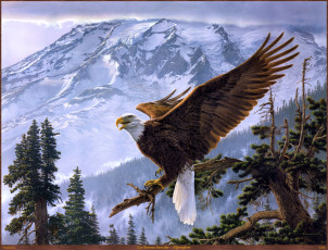 Картинка lee kromschroeder alpenglow рисованные арт дерево горы орёл