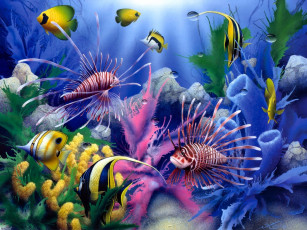 Картинка lions of the sea рисованные david miller painting colorful fish corals underwater world
