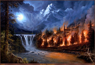обоя jesse, barnes, transformation, рисованные, водопад, пейзаж, река, стихия, молния, пожар, в, лесу, огонь, лес, арт