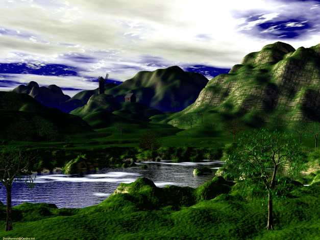 Обои картинки фото 3д, графика, nature, landscape, природа, горы, река