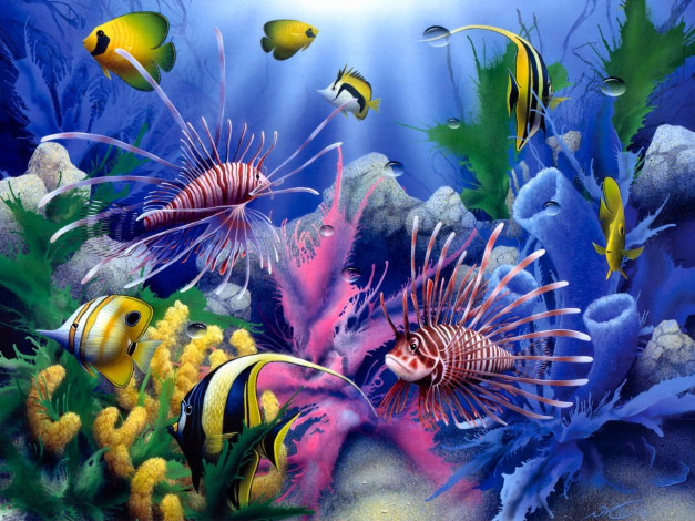 Обои картинки фото lions, of, the, sea, рисованные, david, miller, painting, colorful, fish, corals, underwater, world