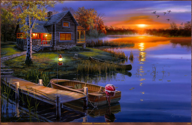 Обои картинки фото darrell, bush, autumn, at, the, lake, рисованные, арт, домик, фонарь, утки, лодка, пейзаж, озеро, осень, закат