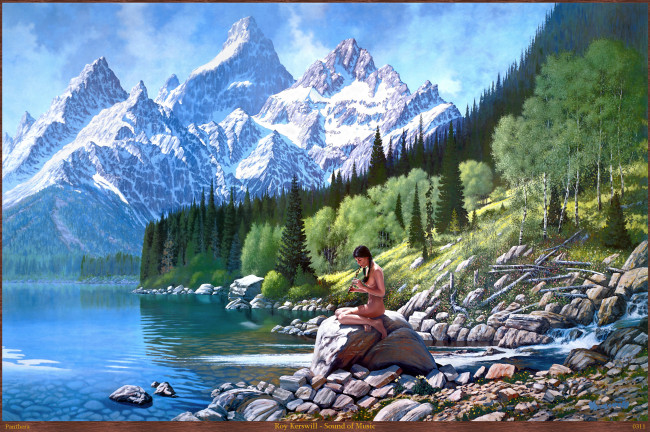 Обои картинки фото roy, kerswill, sound, of, music, рисованные, лес, горы, девушка, река, пейзаж, арт, деревья