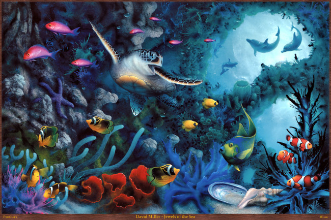 Обои картинки фото david, miller, jewels, of, the, sea, рисованные, рыбы, дельфины, черепаха, морское, дно, арт