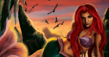 Картинка фэнтези русалки арт хвост русалка красные волосы ракушки фантастика лицо небо взгляд птицы
