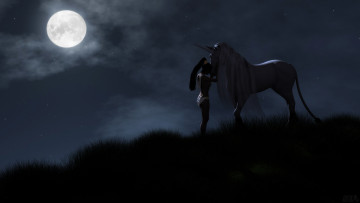 Картинка 3д+графика fantasy+ фантазия девушка единорог луна