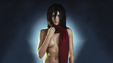 Картинка девушки -unsort+ брюнетки +шатенки шарф грудь взгляд mikasa ackerman девушка shingeki no kyojin фон косплей