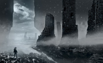 Картинка фэнтези иные+миры +иные+времена обломки каркасы снег туман человек здания руины облака вода небо