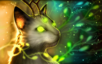 Картинка фэнтези существа кот три глаза зелёные рожки мордочка веточки сияние усы