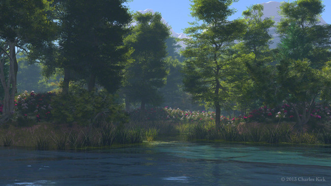 Обои картинки фото 3д графика, nature, landscape , природа, деревья, река, цветы