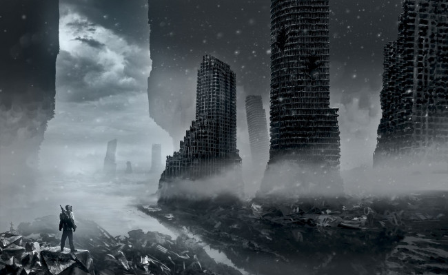 Обои картинки фото фэнтези, иные миры,  иные времена, обломки, каркасы, снег, туман, человек, здания, руины, облака, вода, небо