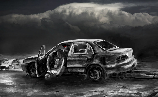 Обои картинки фото фэнтези, люди, скелет, автомобиль, облака, небо, серость, машина, разбитая, человек