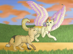 Картинка рисованное животные +сказочные +мифические ангел дорога лоле коты