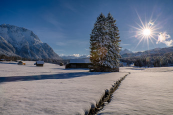 Картинка природа зима горы долина снег солнце