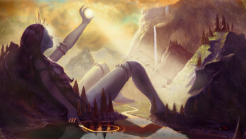 Картинка фэнтези девушки арт девушка богиня пейзаж горы река озеро солнце