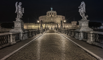 Картинка замок+святого+ангела города рим +ватикан+ италия статуи мост ночь замок