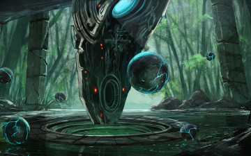 Картинка фэнтези роботы +киборги +механизмы арт сфера колонны вода проём круги сооружиение лес