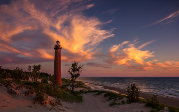 Картинка природа маяки закат песок пляж маяк озеро мичиган облака