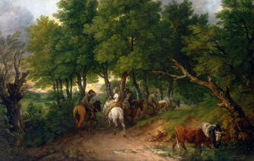 Картинка рисованное живопись thomas gainsborough road from market картина пейзаж дорога деревья люди лошади корова