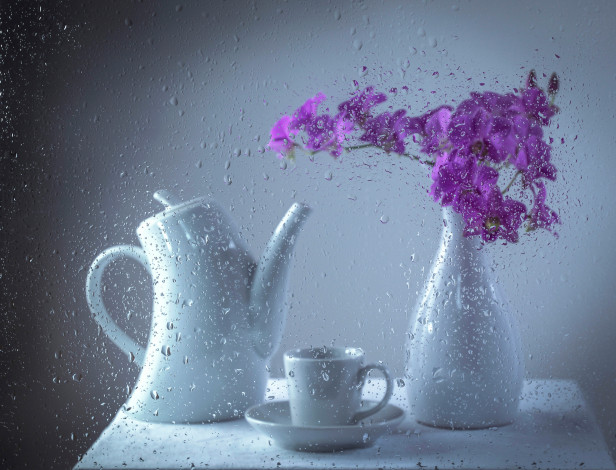 Обои картинки фото разное, капли,  брызги,  всплески, букет, чашка, чайник, afternoon, tea