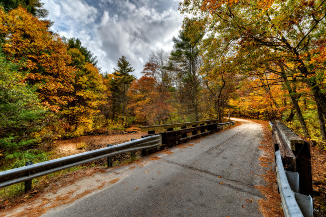 Обои картинки фото природа, дороги, осень, лес, речка, шоссе