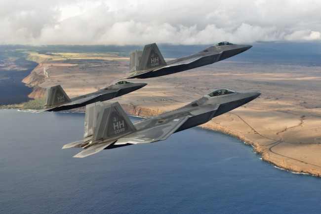 Обои картинки фото авиация, боевые самолёты, f-22, raptors, самолёты, оружие