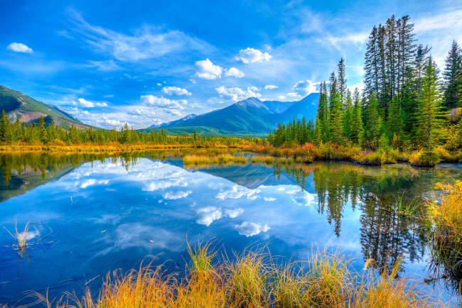 Обои картинки фото природа, реки, озера, осень, небо, деревья, озеро, горы, канада, альберта, banff, national, park, minnewanka, lake