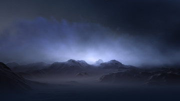 Картинка природа горы пелена mountains fog hasse froom glow mist свечение фон peaks terrain вершины огни заставка дымка сияние rendering пики background снег haze точки snow