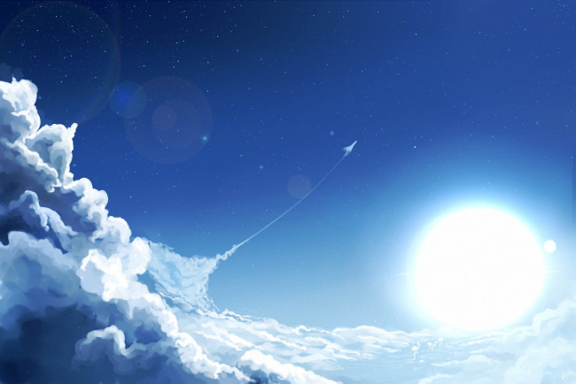 Обои картинки фото векторная графика, природа , nature, небо, облака, самолёт, солнце