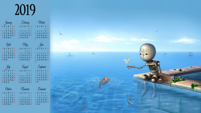 Обои картинки фото календари, фэнтези, робот, птица, рыба, водоем