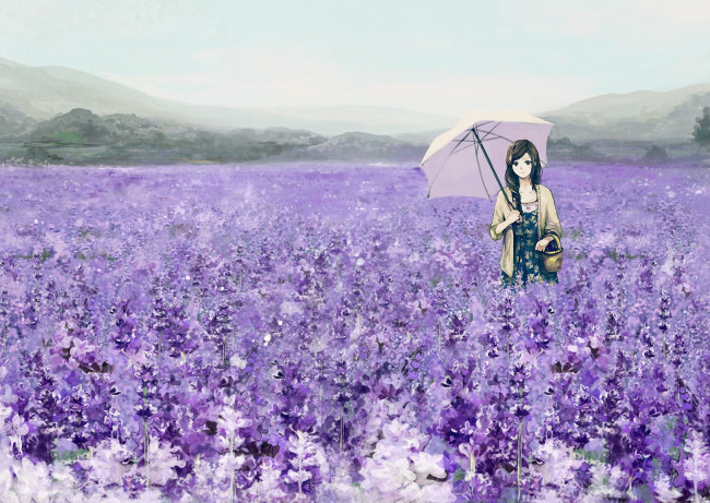 Обои картинки фото аниме, unknown,  другое , зонт, девушка, поле, лаванда