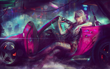 обоя видео игры, cyberpunk 2077, девушка, фон, автомобиль