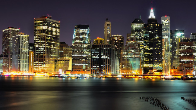 Обои картинки фото города, нью-йорк , сша, дома, здания, огни, река