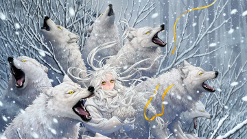 Картинка аниме животные +существа девушка волки вой снег зима кусты