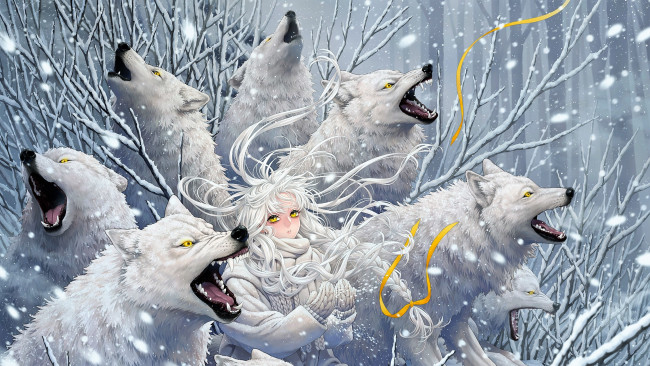 Обои картинки фото аниме, животные,  существа, девушка, волки, вой, снег, зима, кусты