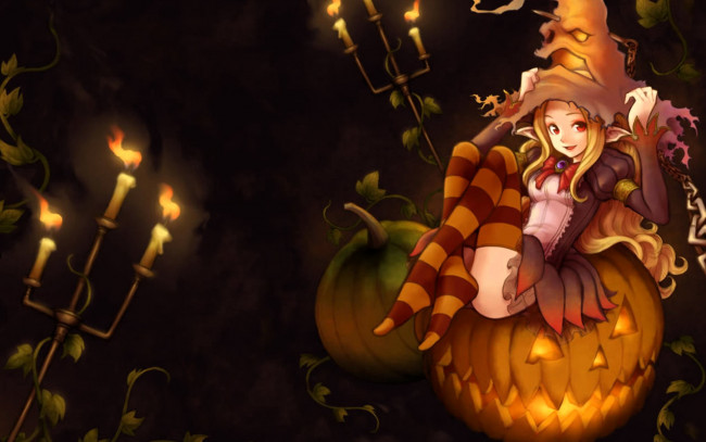 Обои картинки фото аниме, магия,  колдовство,  halloween, девочка, эльф, шляпа, тыквы, свечи