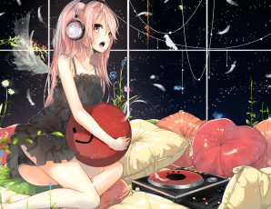 Картинка аниме headphones instrumental девушка наушники платье крыло