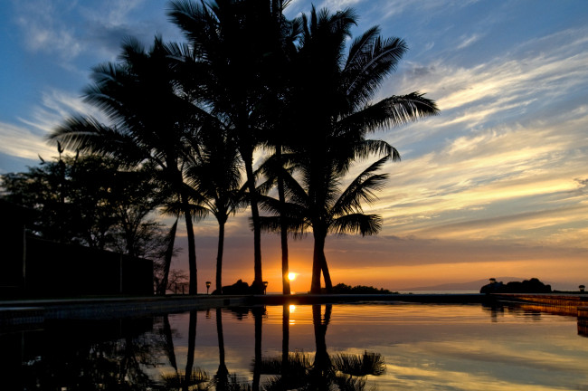 Обои картинки фото природа, тропики, солнце, море, океан, вода, вечер, пальмы