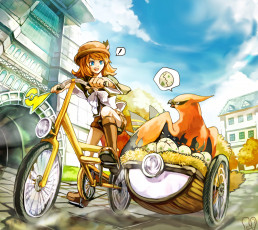 Картинка аниме pokemon велосипед общение едут небо облака здания яйца покемон девушка птица