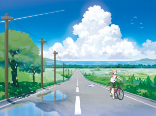 Картинка аниме vocaloid провода природа велосипед дорога облака небо