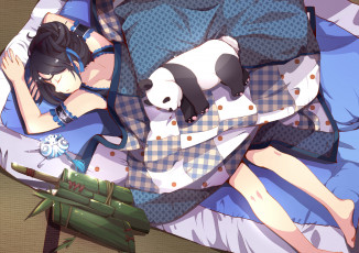 Картинка аниме *unknown+ другое спит сон девушка арт игрушка медведь панда одеяло