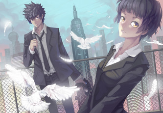 Картинка аниме psycho-pass пистолет оружие город дома птицы парень девушка перья облака небо