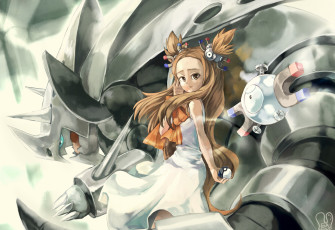 Картинка аниме pokemon белое платье покебол магнемайты шатенка взгляд девушка арт покемон