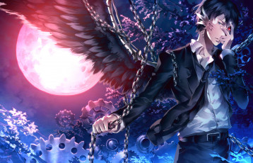 Картинка аниме -angels+&+demons крылья шестерни деревья парень цепи луна ночь