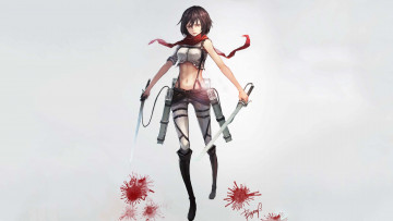 Картинка аниме shingeki+no+kyojin жест клинки оружие взгляд злость mikasa ackerman девушка грудь шарф